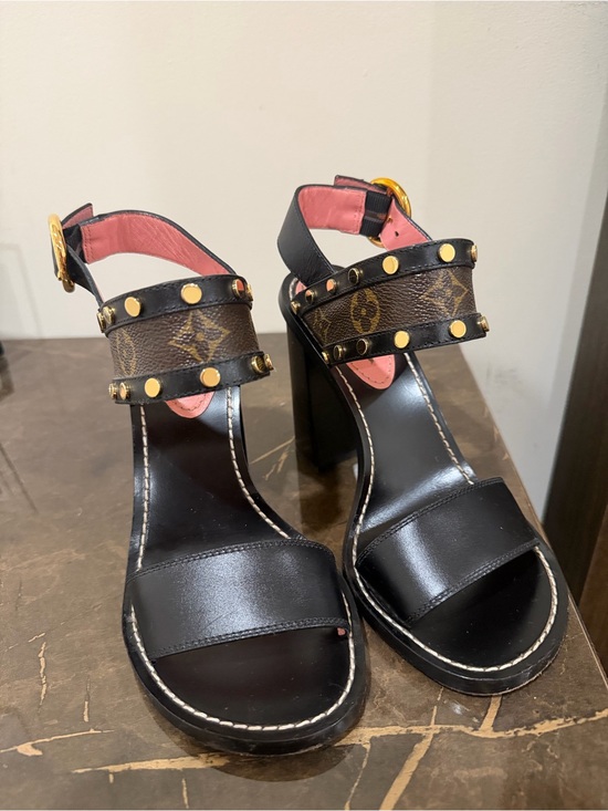Louis Vuitton Shoes - Louis Vuitton Black Leather Heeled Sandals with Monogram Studded Straps